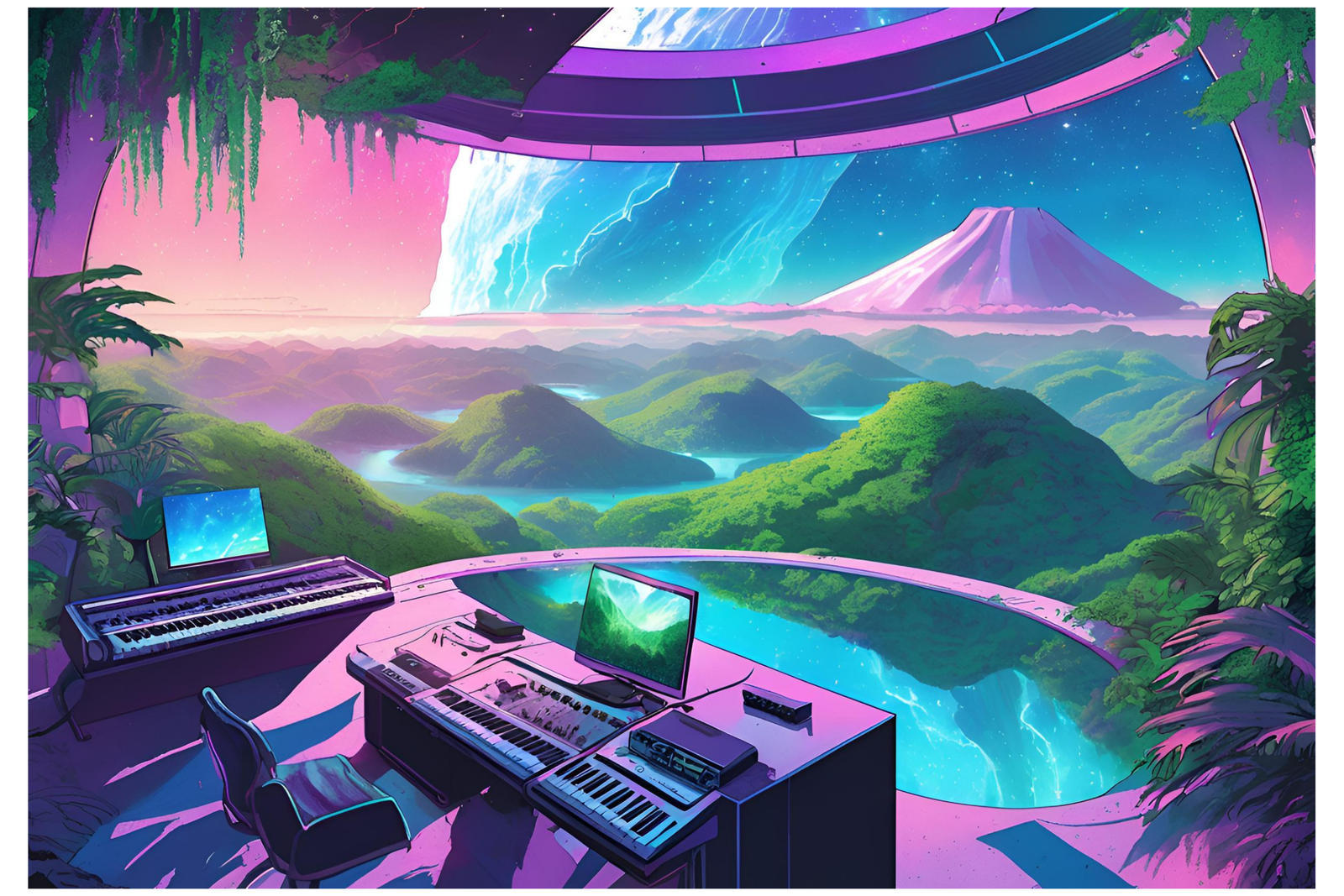 Anime Futuristic Music Studio with an other-worldly view