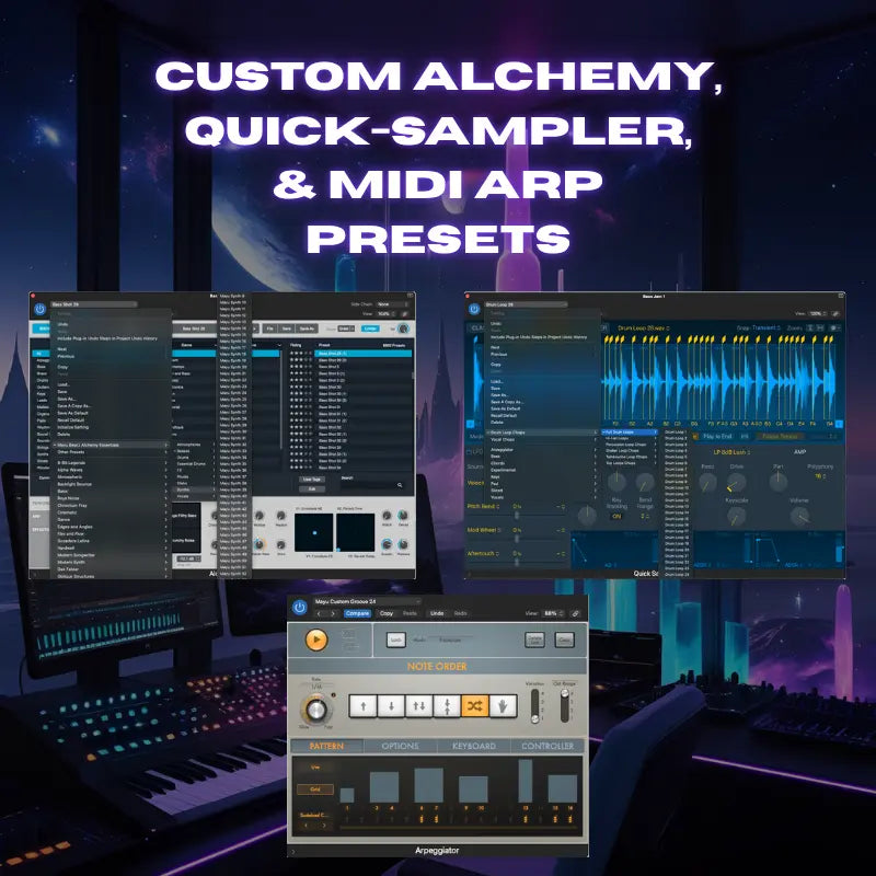 Music production software interface with text overlay on a dark background