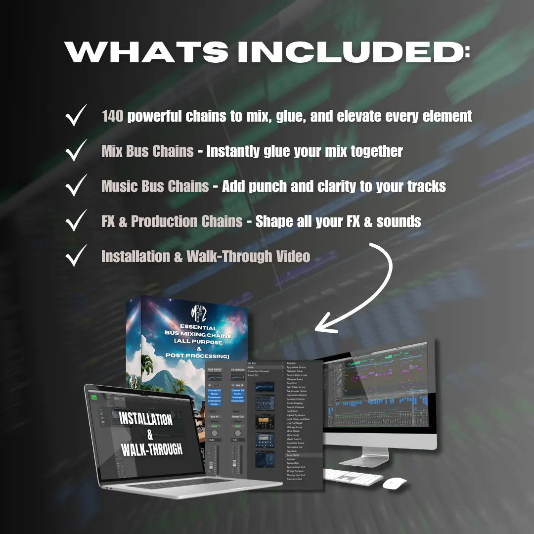 Promotional graphic for Logic Pro music production software with text and images of a computer setup.