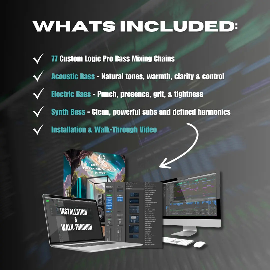 Promotional graphic for Logic Pro music production software with text and images of a laptop, monitor, and book.