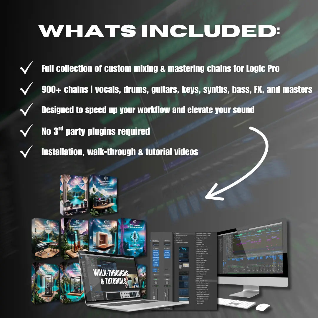 Promotional graphic for music production software with text and images of software interfaces.