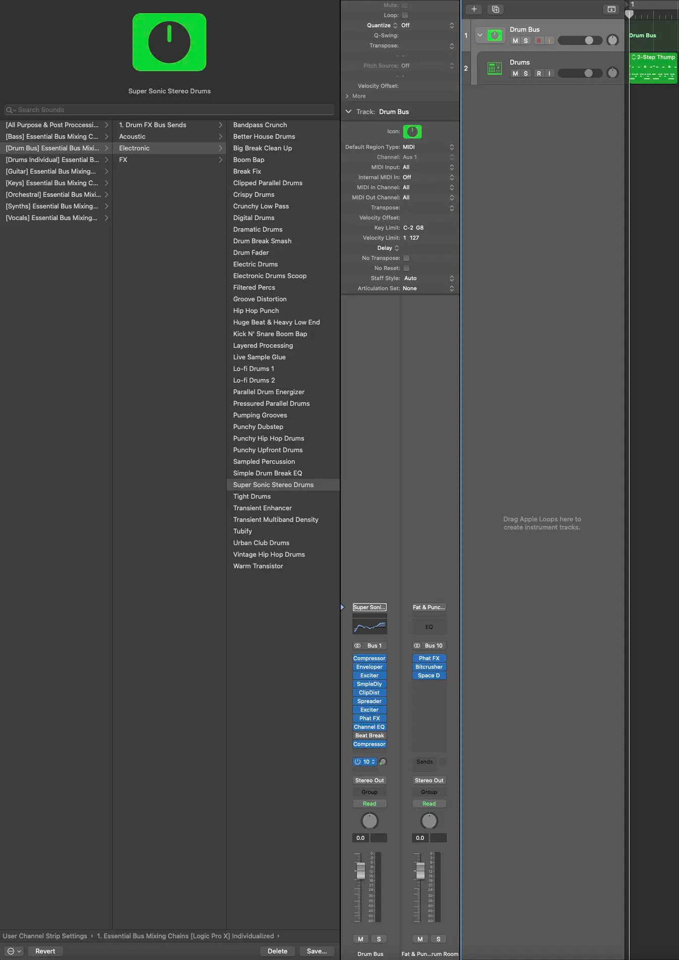 drum bus processing for acoustic and electronic kits, plus dedicated chains for individual elements like kicks, snares, toms, percussion, hats, cymbals, and claps.