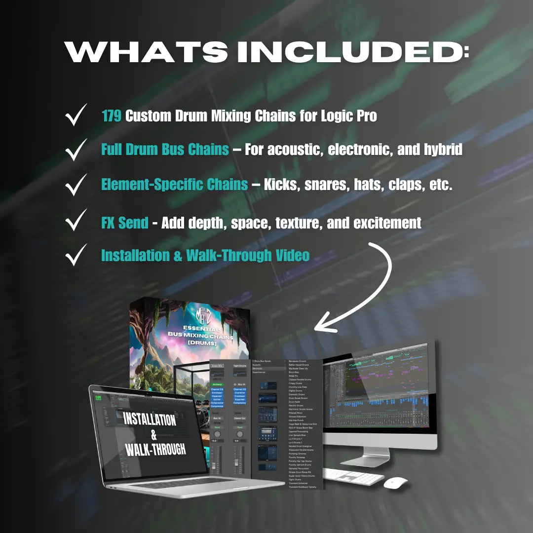 Promotional graphic for Logic Pro music production software with text and images of a computer setup.