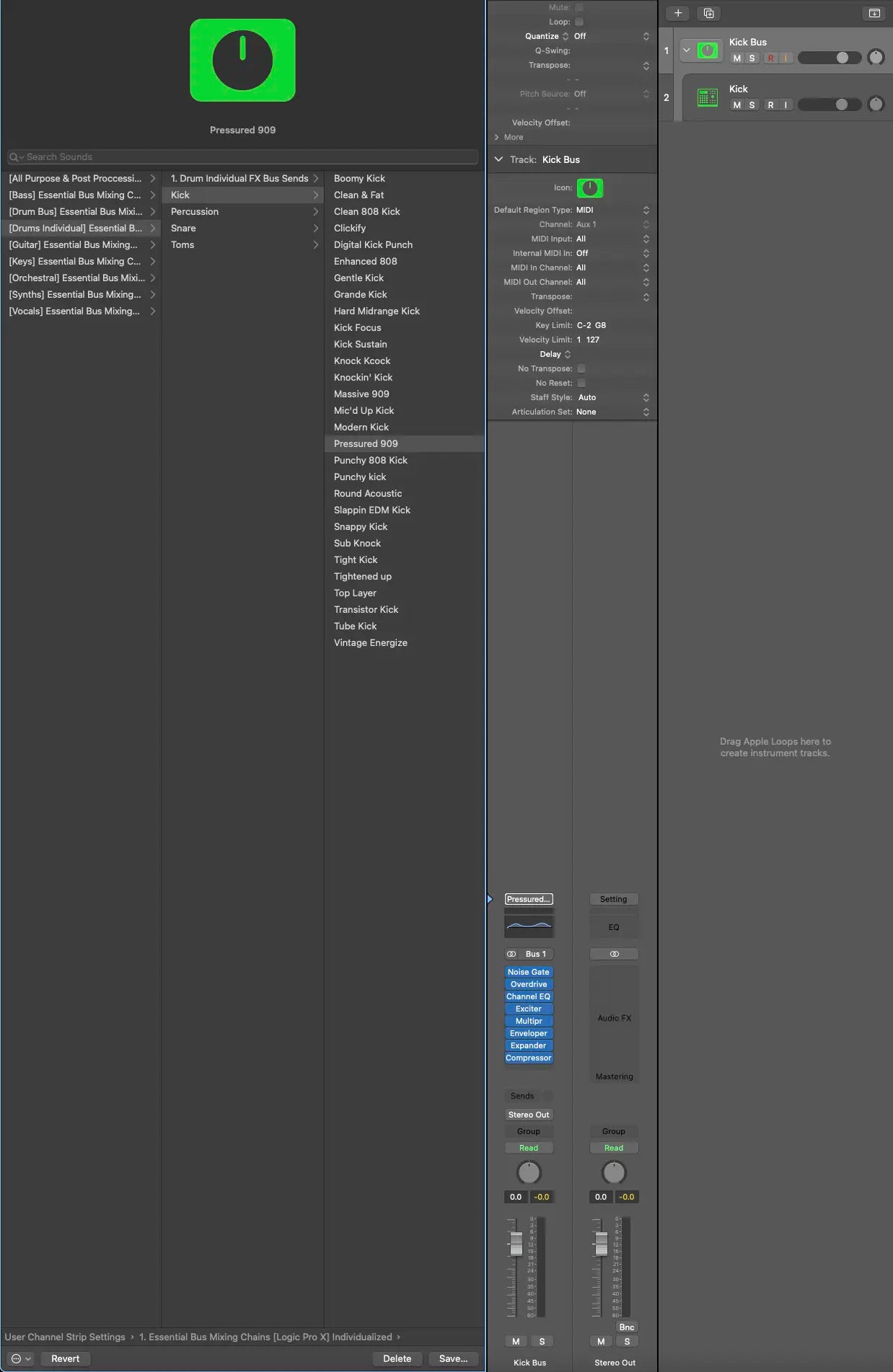 drum bus processing for acoustic and electronic kits, plus dedicated chains for individual elements like kicks, snares, toms, percussion, hats, cymbals, and claps.