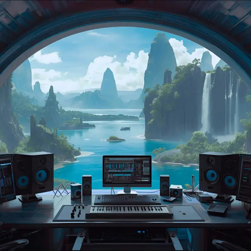 Modern music production setup with computer, speakers, and audio equipment in a scenic outdoor setting.