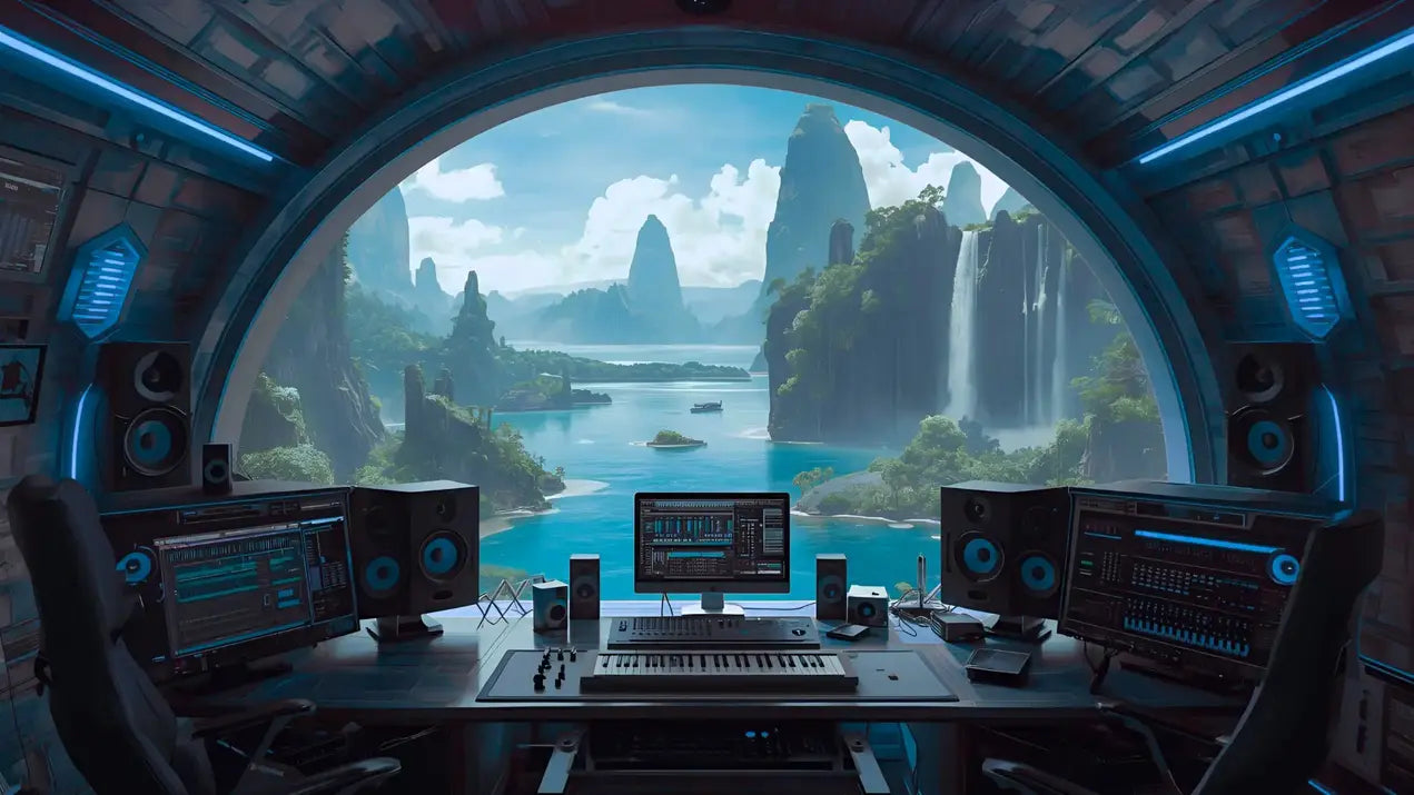 Control room with futuristic interface and scenic view of a lake and mountains