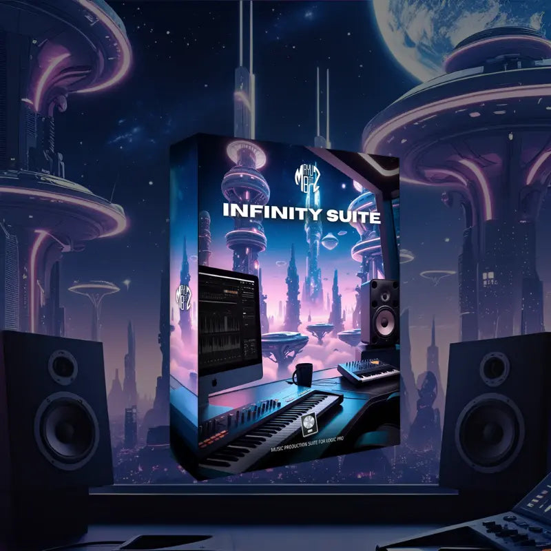 Infinity Suite Logic Pro software package with futuristic cityscape and speakers in the background