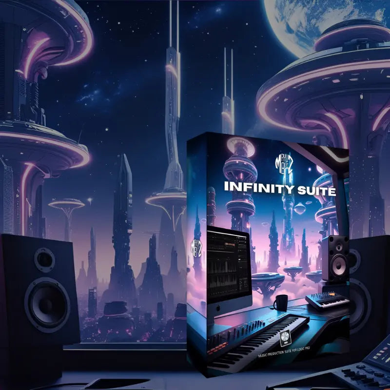 Infinity Suite Logic Pro software package with futuristic cityscape and speakers in the background: Mobile