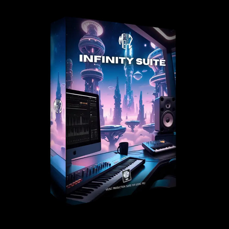 Box for 'Infinity Suite' music production software with futuristic design elements.