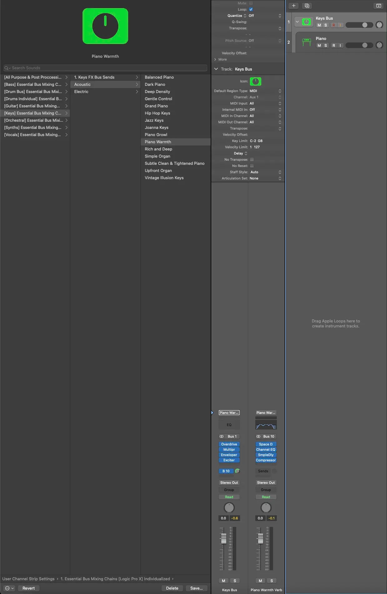 Piano Bus Mixing Chains. Give your keys the mix glow they deserve with 54 premium bus chains, built exclusively with Logic Pro X stock plugins. Whether it’s dusty grand piano loops, smooth Rhodes chords, trap-ready keys, or funky Clavs—this pack delivers polished, expressive, and mix-ready tones in seconds.