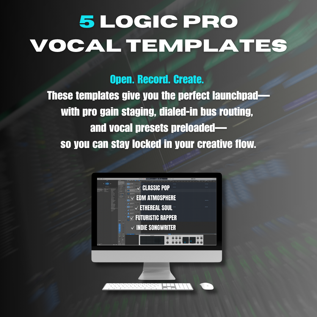 Advertisement for Logic Pro vocal templates with a computer screen displaying template options.