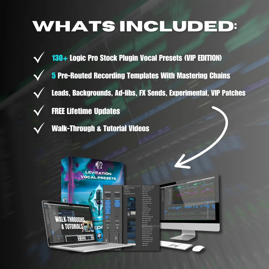 Promotional graphic of music production software with features listed on a dark background.