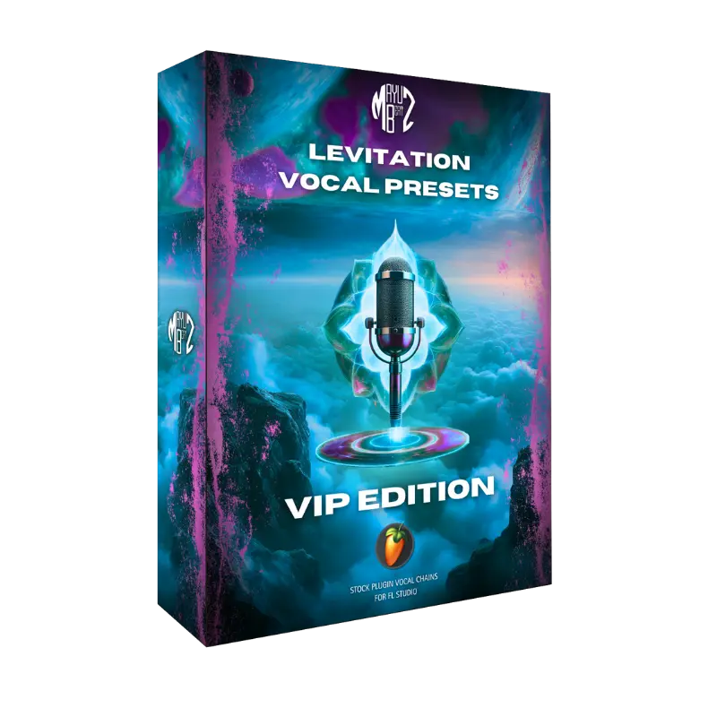 Levitation Vocal Presets VIP Edition packaging with a microphone and cloud design on a blue background.