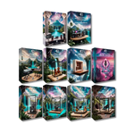 Collection of product boxes with artistic designs on a white background