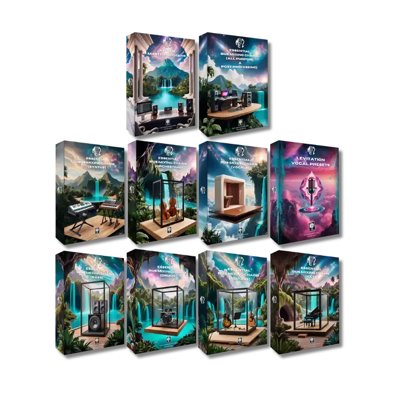 Collection of product boxes with artistic designs on a white background