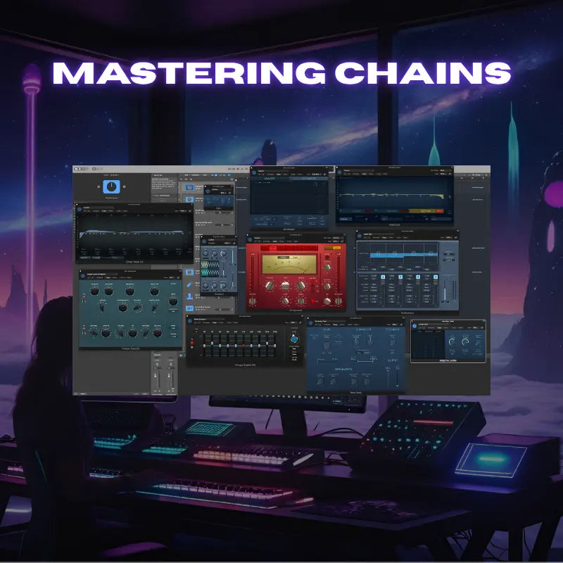 Music production software on a computer screen with 'Mastering Chains' text, set against a futuristic cityscape.