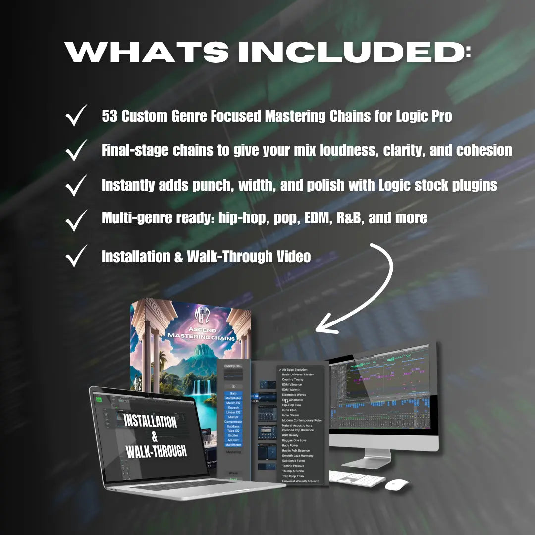 Promotional graphic for mastering music production software with text detailing features and installation information.