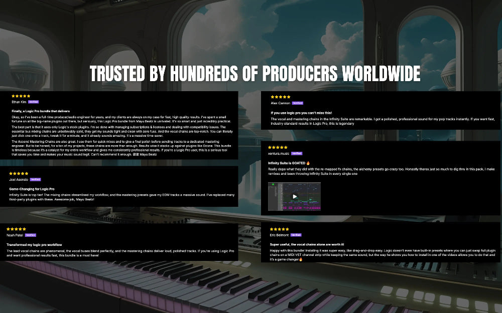 Music production software interface with keyboard and text about trusted producers worldwide.