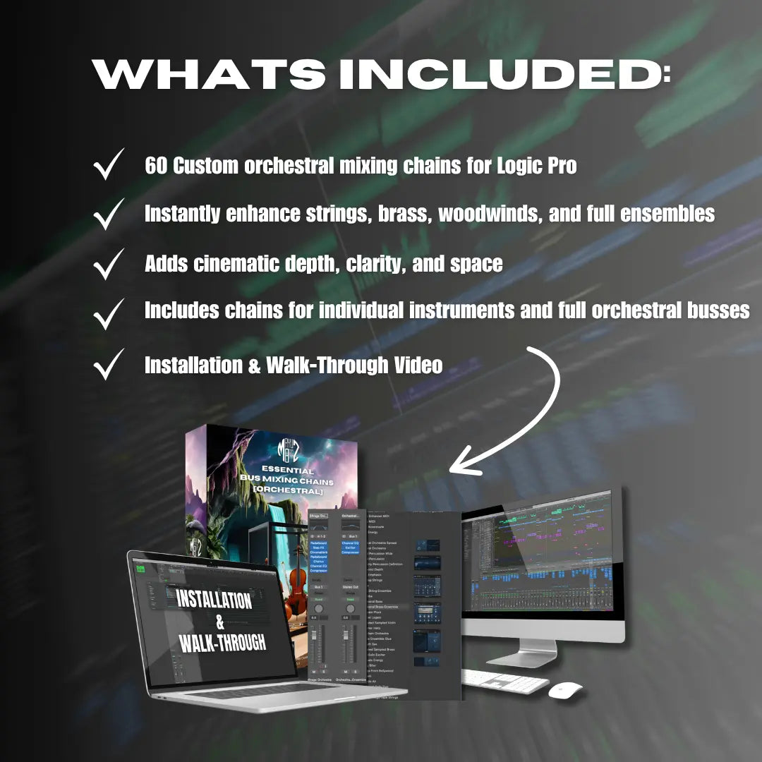 Promotional graphic for orchestral mixing chains for Logic Pro software, featuring text and images of a laptop and computer monitor.
