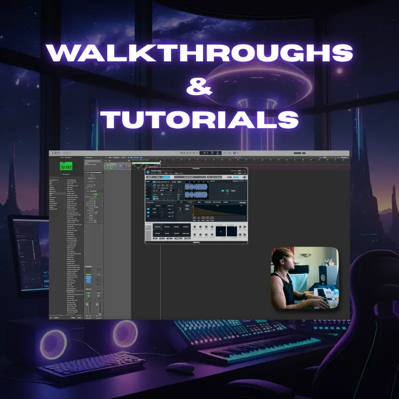 Person using a computer with music production software in a dark room with screens displaying 'Walkthroughs & Tutorials'.