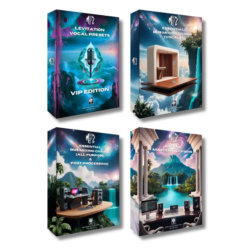 Four boxes of Logic Pro VIP Edition audio software products with scenic and technical designs on a white background