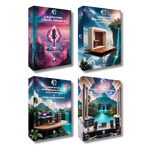 Four boxes of Logic Pro Standard Edition audio software products with scenic and technical designs on a white background