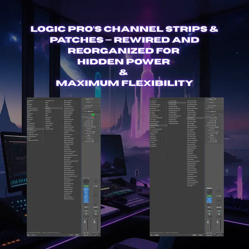 Futuristic interface with text about Logic Pro's channel strips and patches on a dark background.