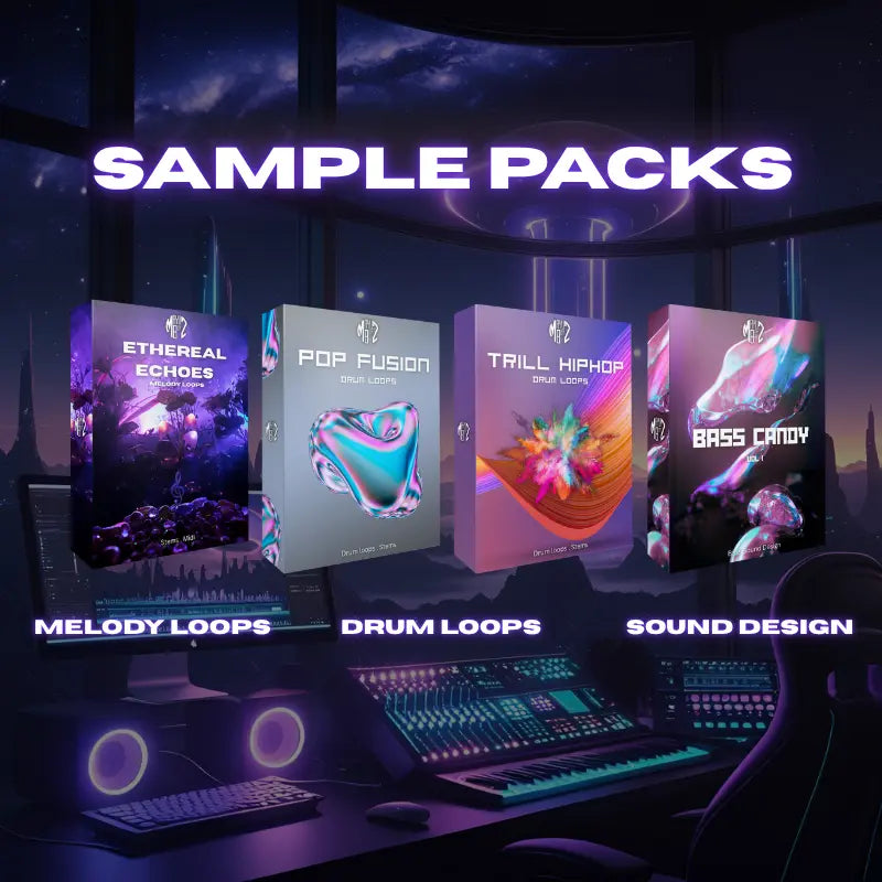 Four sample packs for music production on a dark background with electronic equipment.