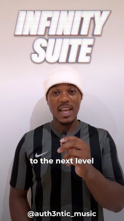 Person wearing a black and gray striped shirt with 'INFINITY SUITE' text above and '@auth3ntic_music' text below.