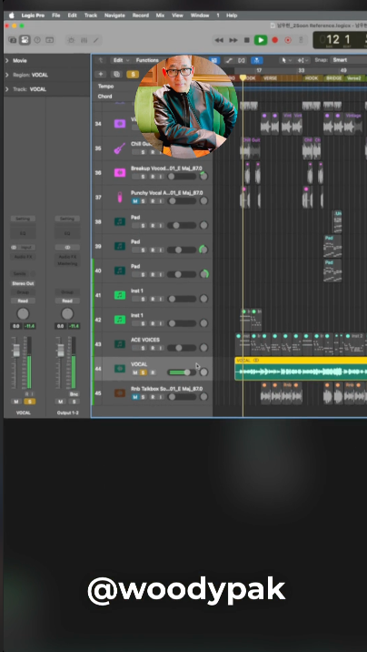 Music production software interface with a person in a green shirt, likely a music producer or DJ, in the top left corner.