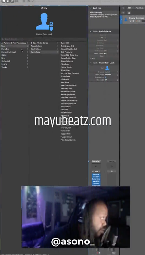 Logic Pro interface with a user profile and video feed, featuring 'mayubeatz.com' and '@asono_'.