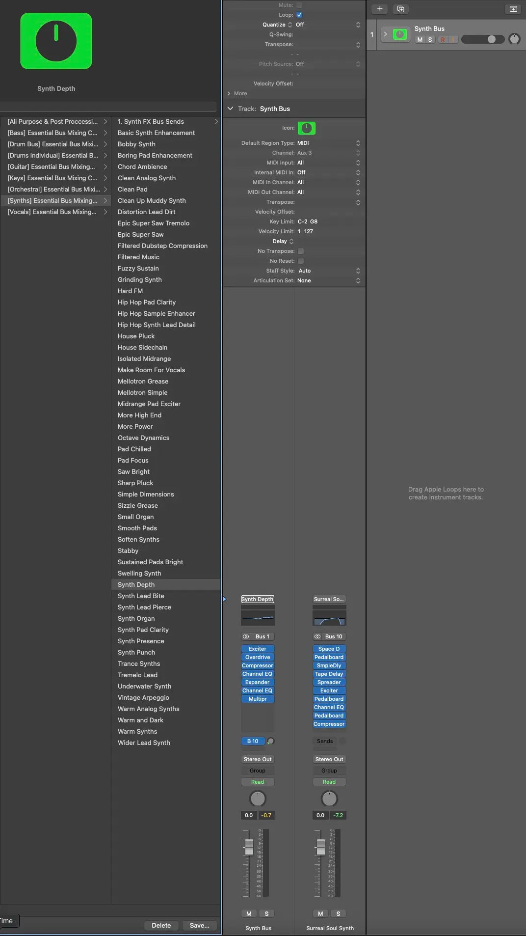 From lush pads and deep basses to shimmering leads and analog warmth, this pack delivers 68 expertly crafted bus chains that instantly enhance, glue, and transform your synth sounds. Whether you're shaping cinematic atmospheres, festival-ready EDM leads, or deep, vibey textures, these chains bring instant pro-level polish—all with Logic Pro stock plugins.