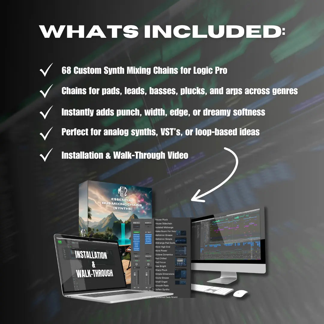 Promotional graphic for Logic Pro music production software with text and computer setup illustration.
