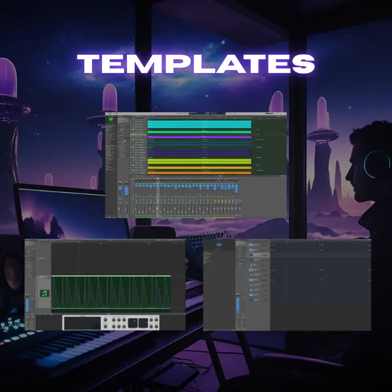 Music production software interface with 'TEMPLATES' text in a futuristic room setting.