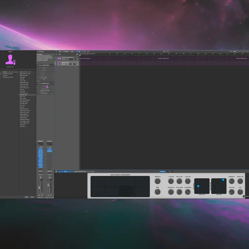 Logic Pro Music production software interface with a space-themed wallpaper