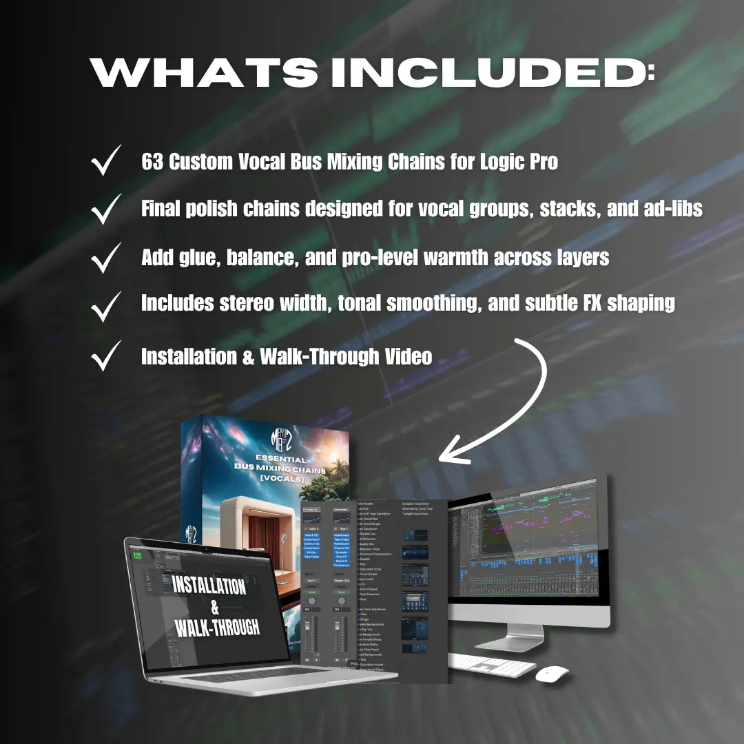 Promotional graphic for vocal mixing software for Logic Pro with text and computer setup illustration.