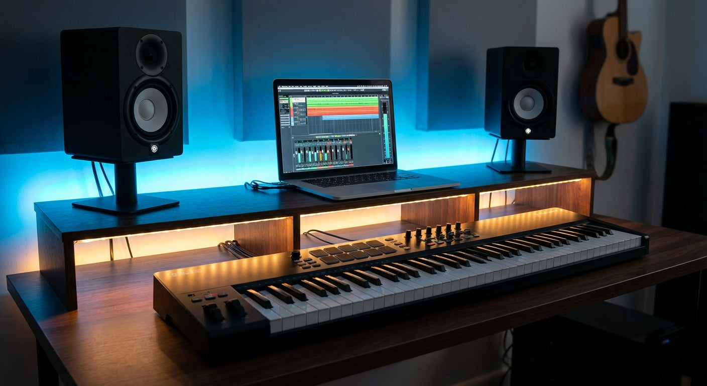 A modern home studio workstation with a MIDI keyboard, studio monitors, and a laptop showing a DAW interface, lit with cool blue and warm amber accent lighting.