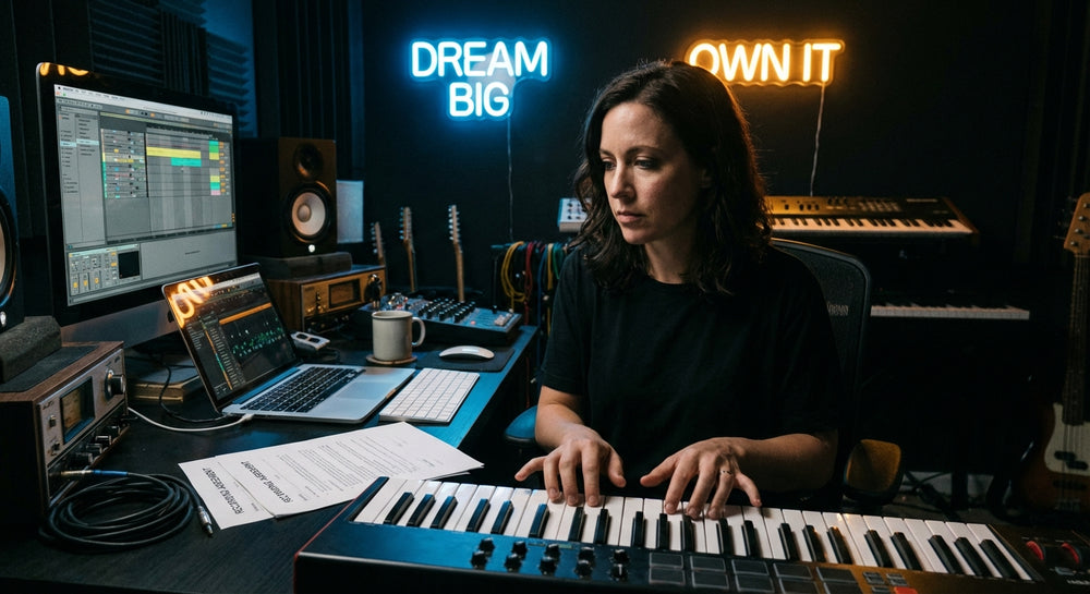 An independent music producer working at a dimly lit studio desk with a MIDI keyboard and a contract document nearby, bathed in blue and amber neon light.