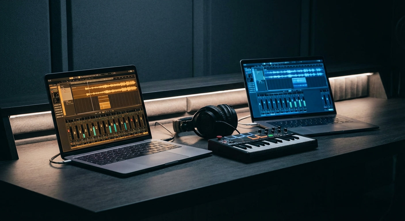 Two glowing laptops displaying colorful DAW interfaces sit side by side on a dark studio desk with a MIDI controller and headphones, evoking a beatmaker's choice between two production tools.