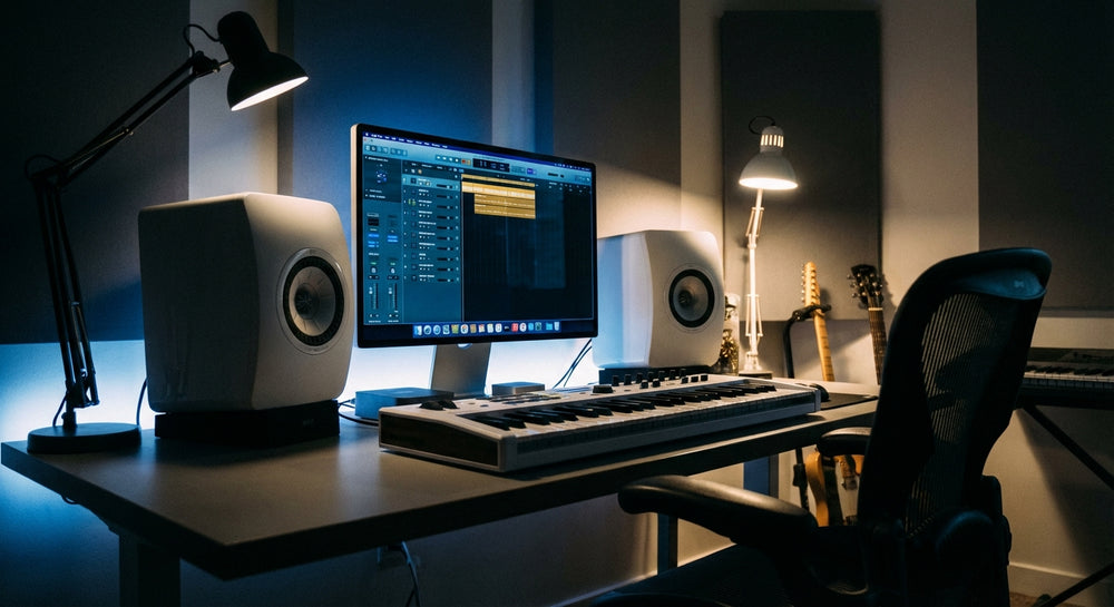 A dimly lit home studio workstation with a glowing MacBook Pro running Logic Pro, flanked by studio monitors and a MIDI keyboard in dramatic blue and amber lighting.