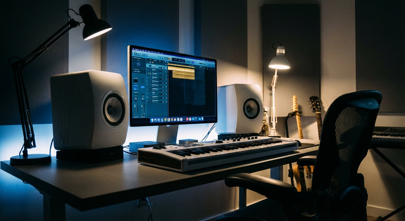 A dimly lit home studio workstation with a glowing MacBook Pro running Logic Pro, flanked by studio monitors and a MIDI keyboard in dramatic blue and amber lighting.