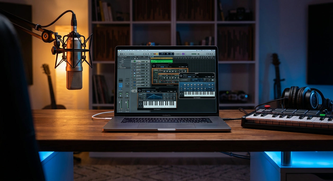 A modern home studio setup with a MacBook running Logic Pro, a condenser microphone, and a MIDI keyboard bathed in warm amber and cool blue lighting.