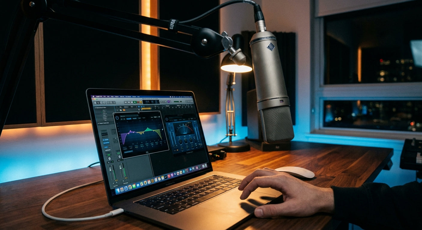 A home studio setup with a condenser microphone in the foreground and a MacBook running Logic Pro in the background, lit with warm amber and cool blue tones.