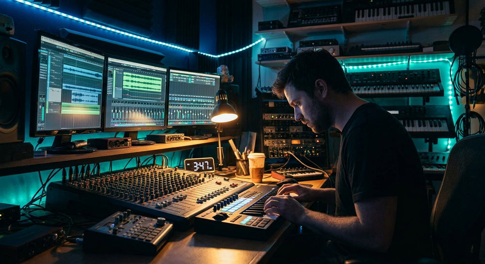 A music producer working intently at a glowing studio setup surrounded by professional audio equipment in a moody, dimly lit room.