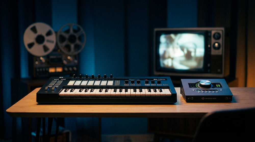 A cinematic home studio setup with a MIDI controller and audio interface in the foreground, with a softly glowing film screen visible in the background.