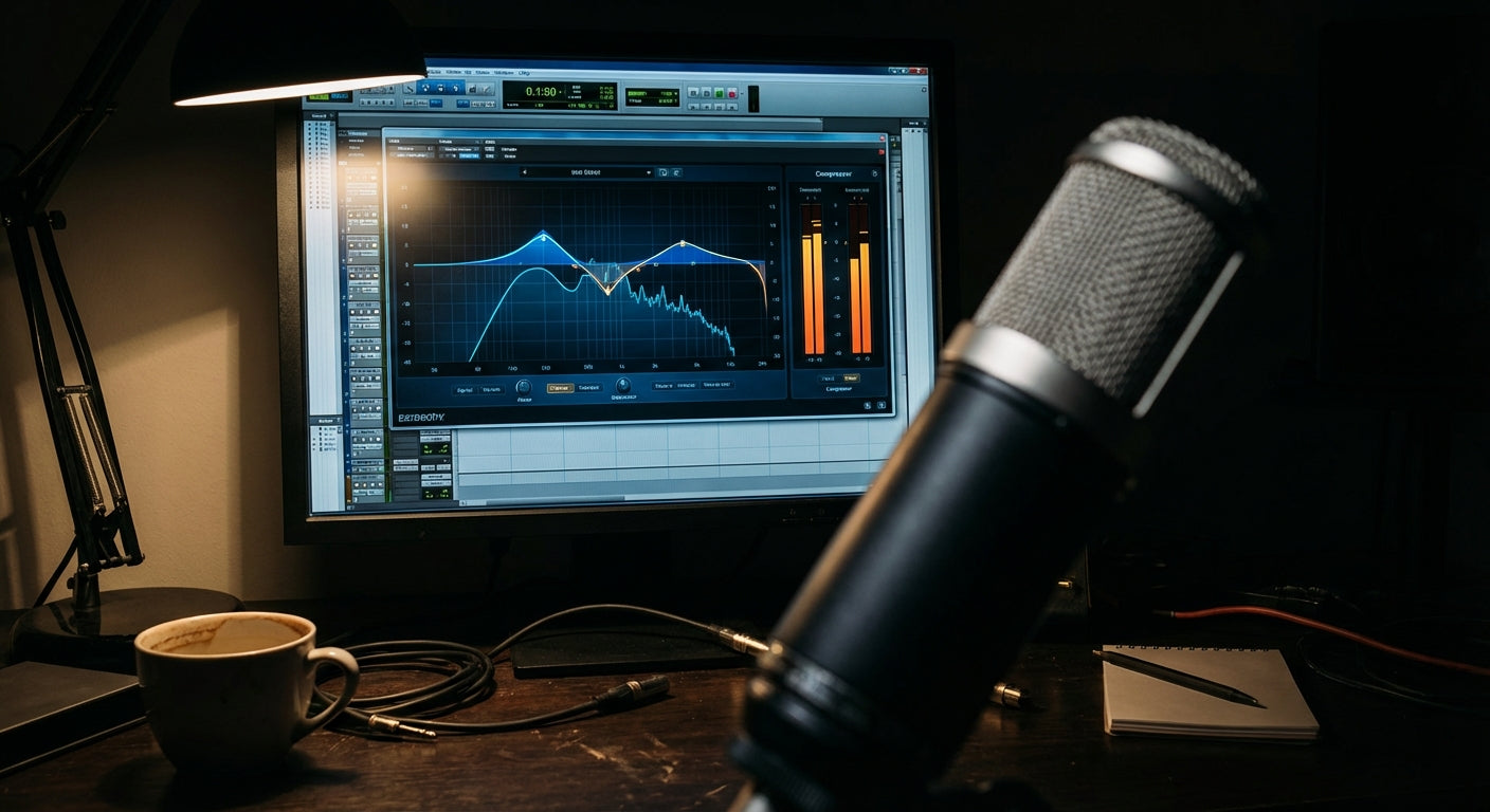 A glowing DAW screen showing a vocal processing chain beside a condenser microphone in a dimly lit home studio setup.