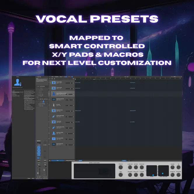 Software interface with vocal presets for music production, featuring text about smart control pads and macros.