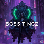 Exotic Woman sitting on a throne with neon green accents in a futuristic cityscape, featuring the text 'BOSS TINGZ'.