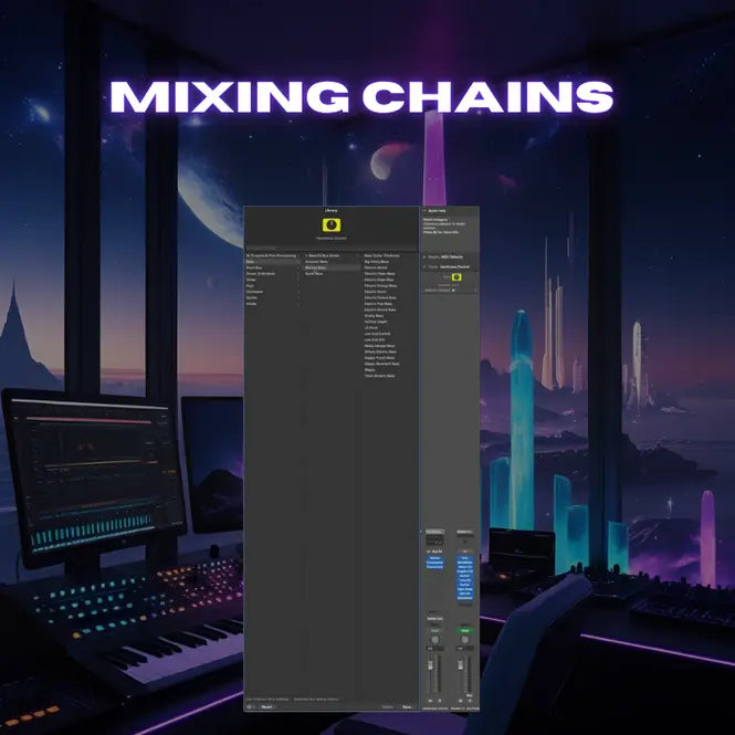 Music production software interface with futuristic cityscape in the background