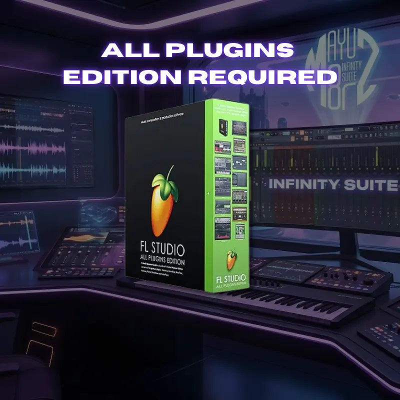 All Plugins Edition Is Required for FL Studio Infinity Suite. Software packaging on a music production setup with multiple screens and equipment.
